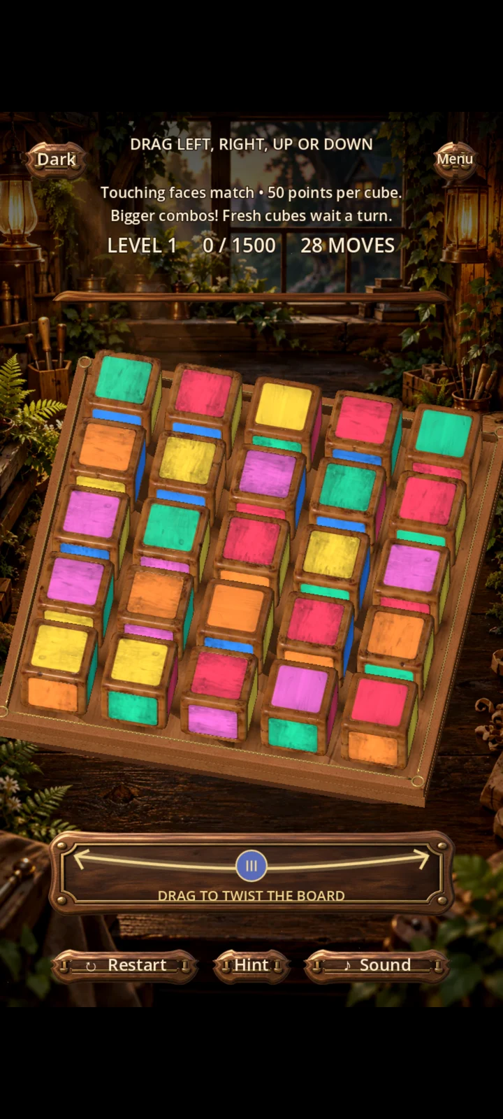 Actual Wooden style CubeFizz gameplay in a warmly lit workshop